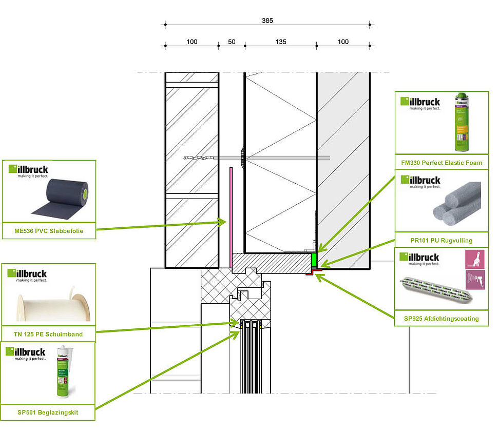 2D - Zijaansluiting raamkozijn massieve bouw - illbruck luchtdicht bouwen