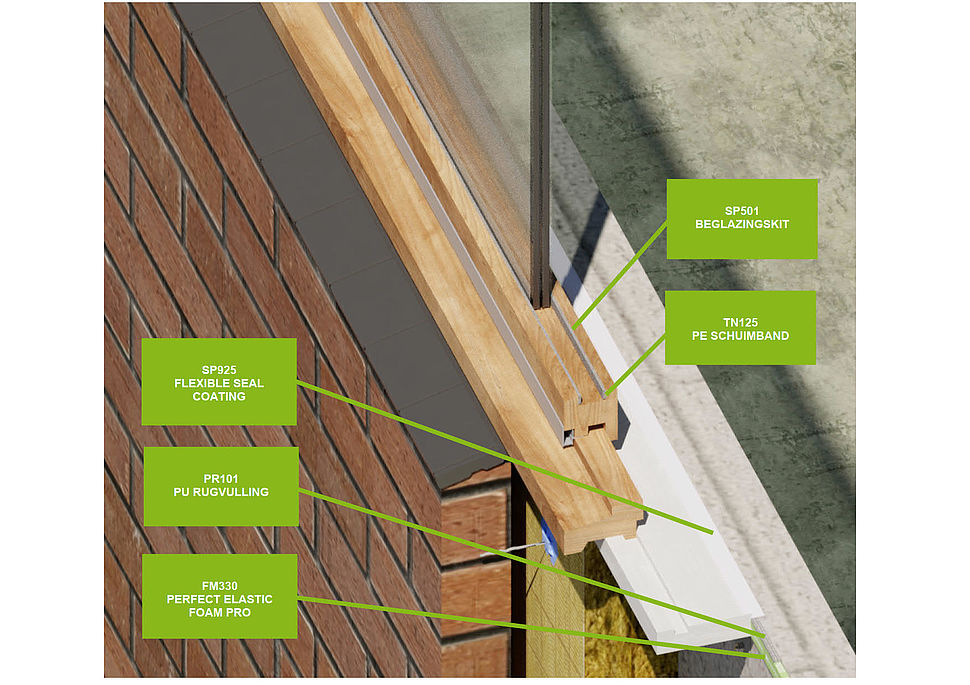 3D - Onderaansluiting raamkozijn massieve bouw - illbruck luchtdicht bouwen