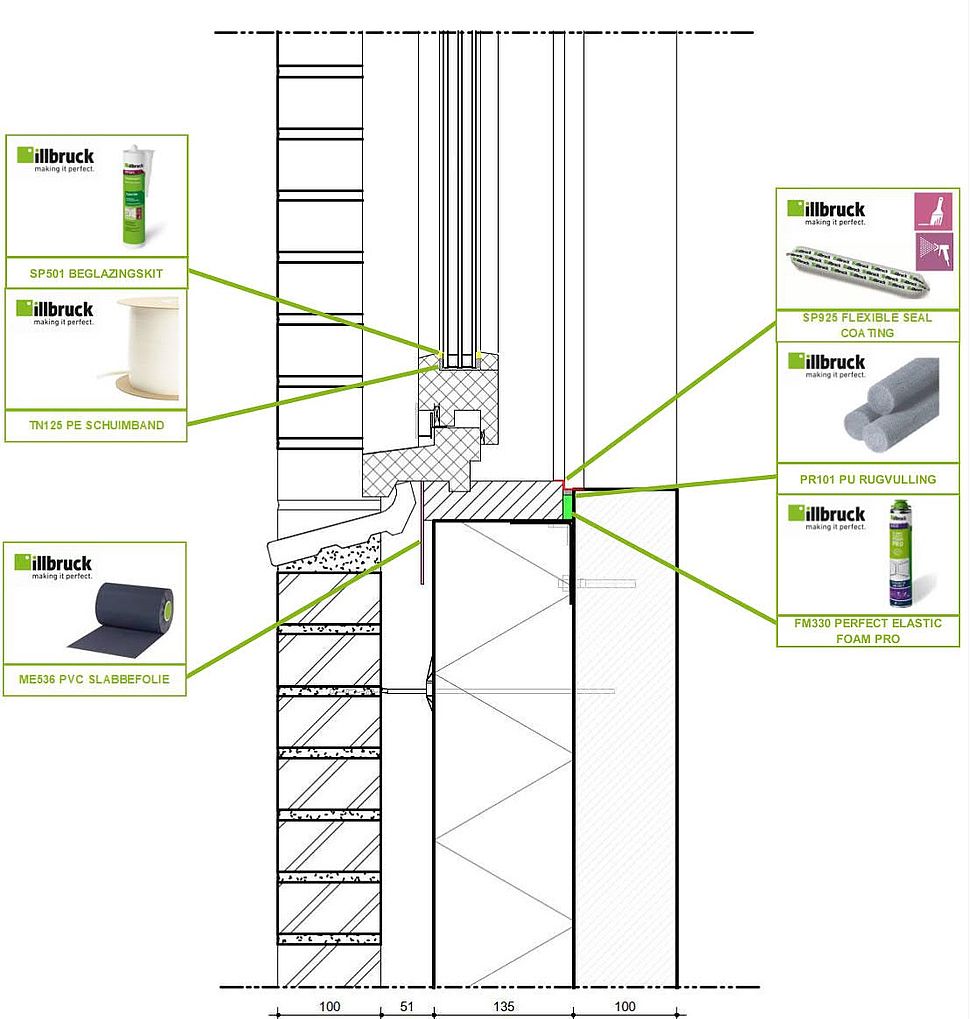 2D - Onderaansluiting raamkozijn massieve bouw - illbruck luchtdicht bouwen